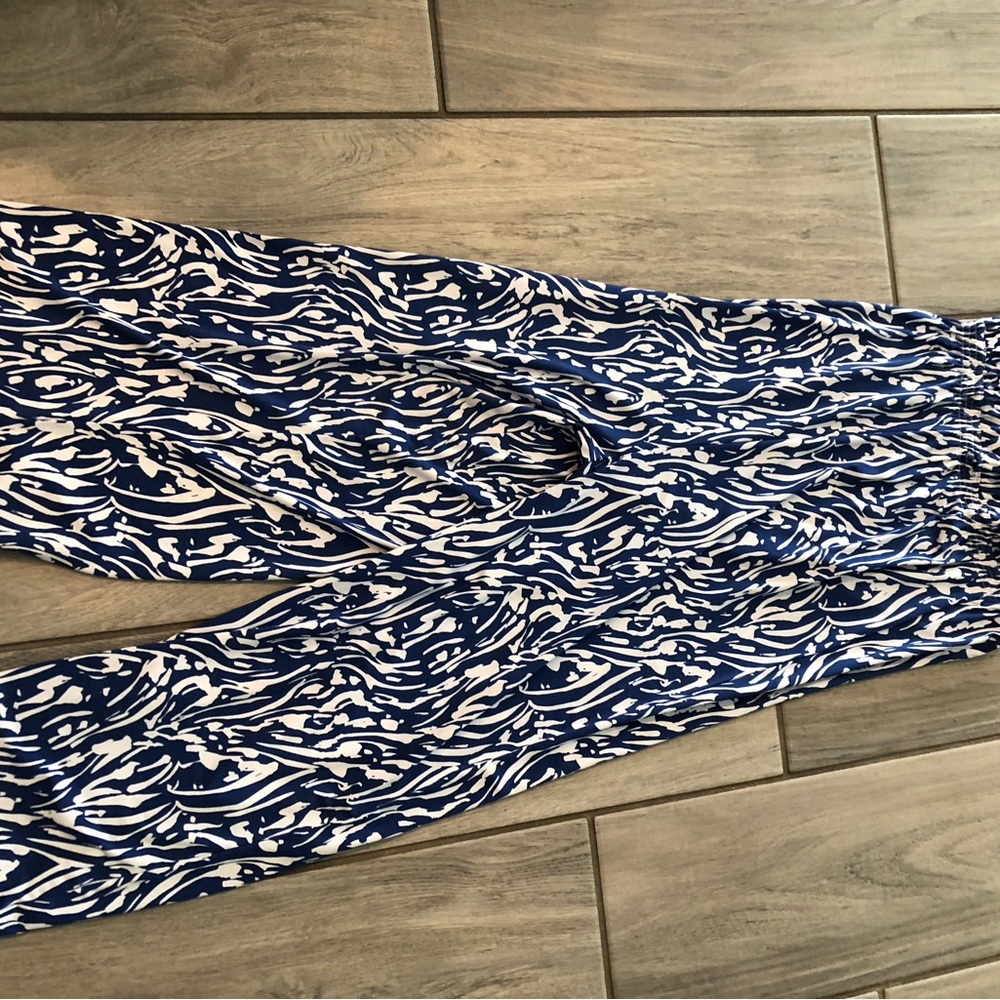 BCBG Navy and White Wide-Leg Printed Jumpsuit Pants